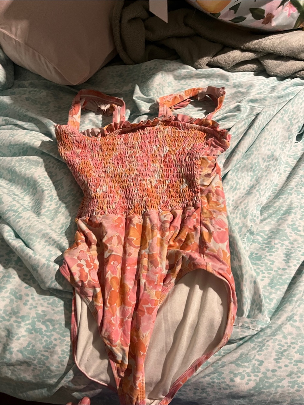 Girls' Pink Floral Smocked One-Piece Swimsuit